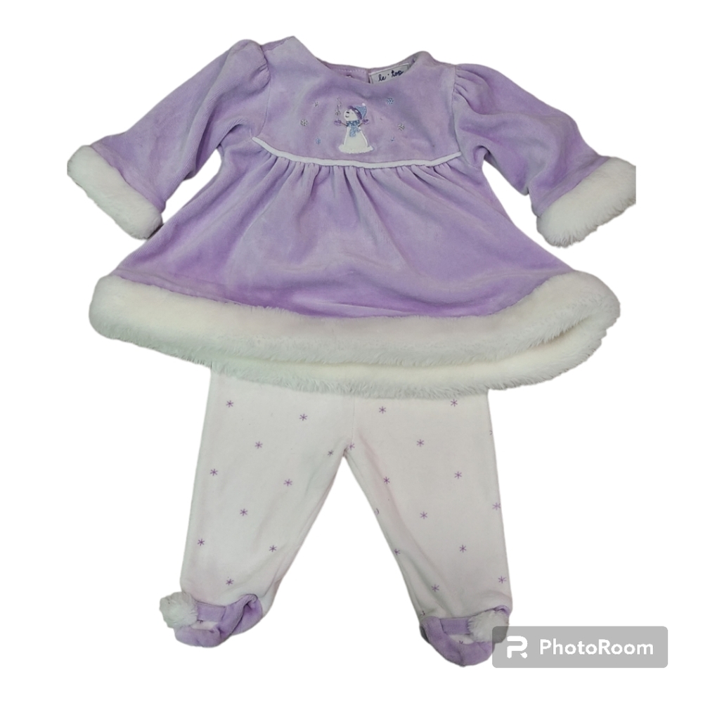 le•top 2 piece Snowman Lilac Velour Pant Set, 3M Winter